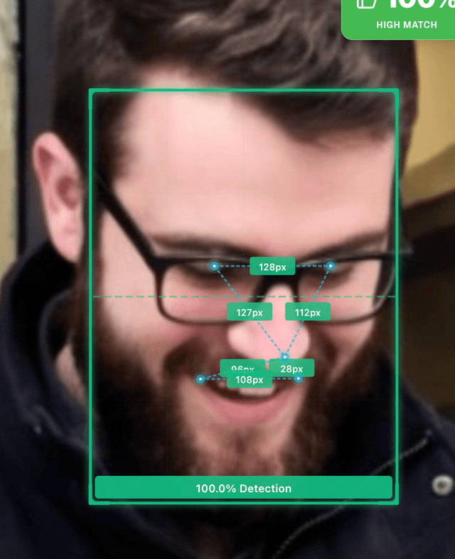 Target face with 68 biometric landmarks verified